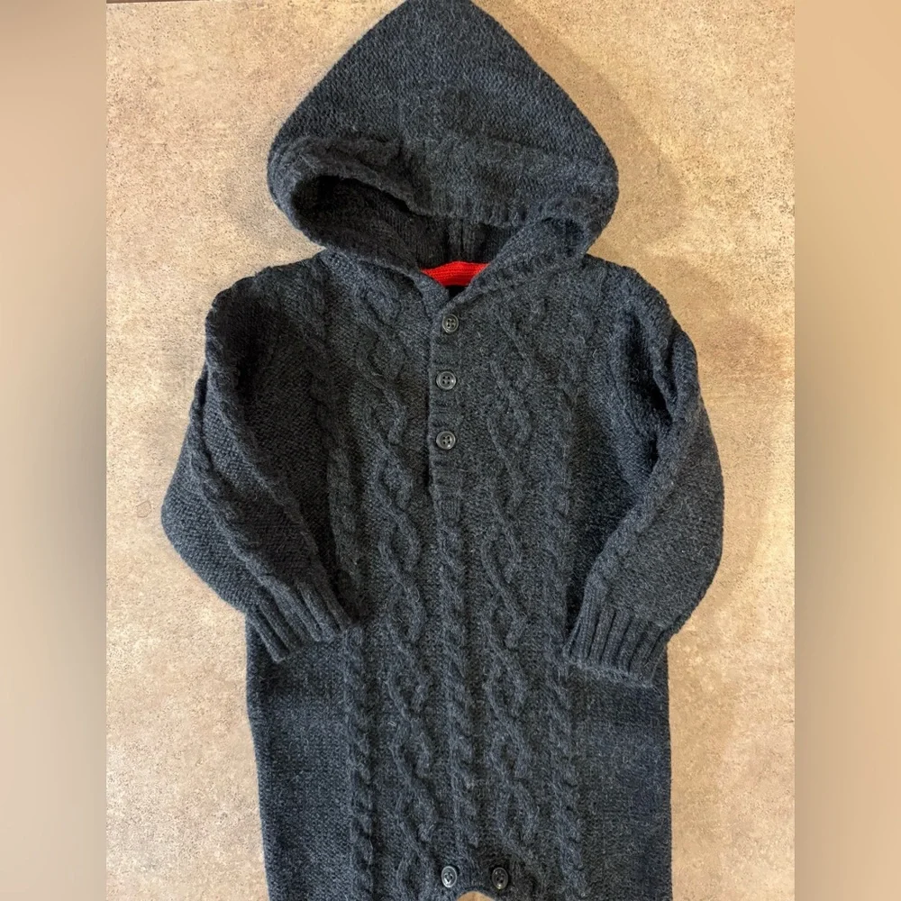 OshKosh B'Gosh Baby Cable Knit Charcoal Hooded Coverall, Size 12M